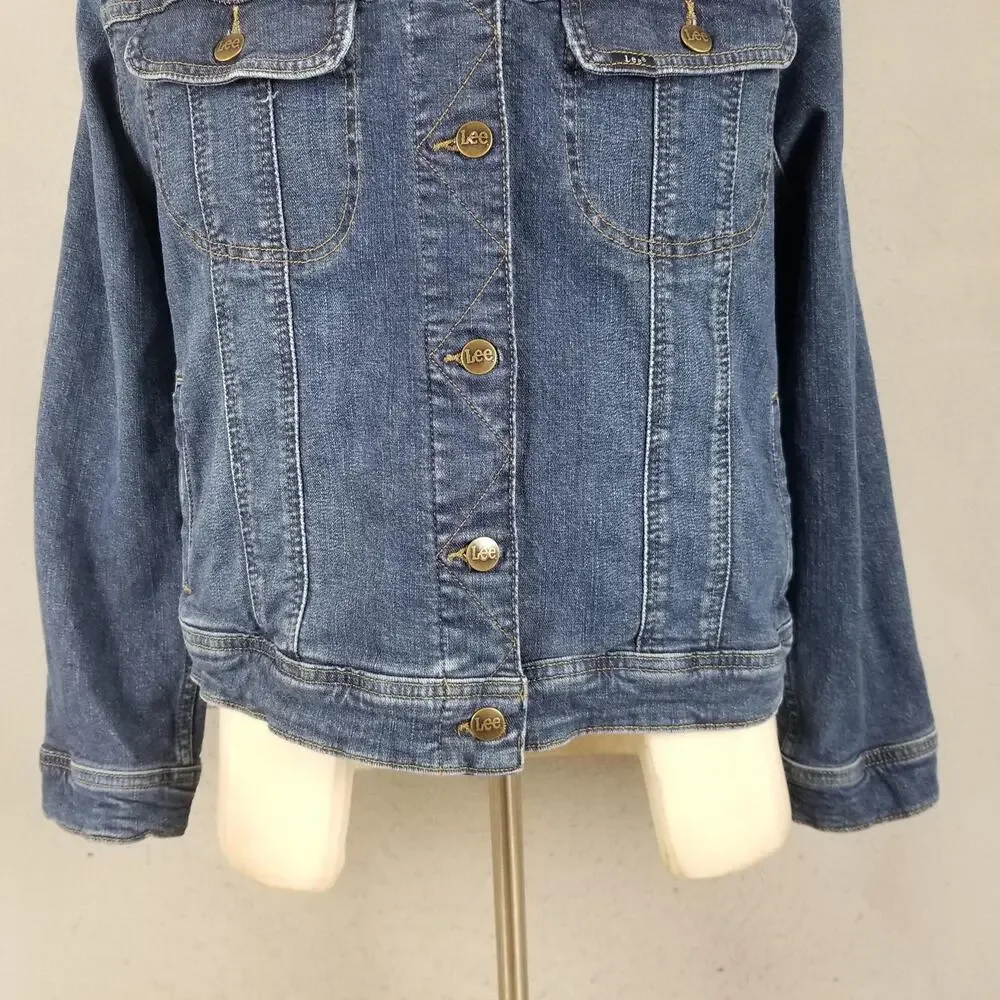 Lee Jean Jacket Womens Large Denim Trucker‎ Stretch Button Front Pockets Casual